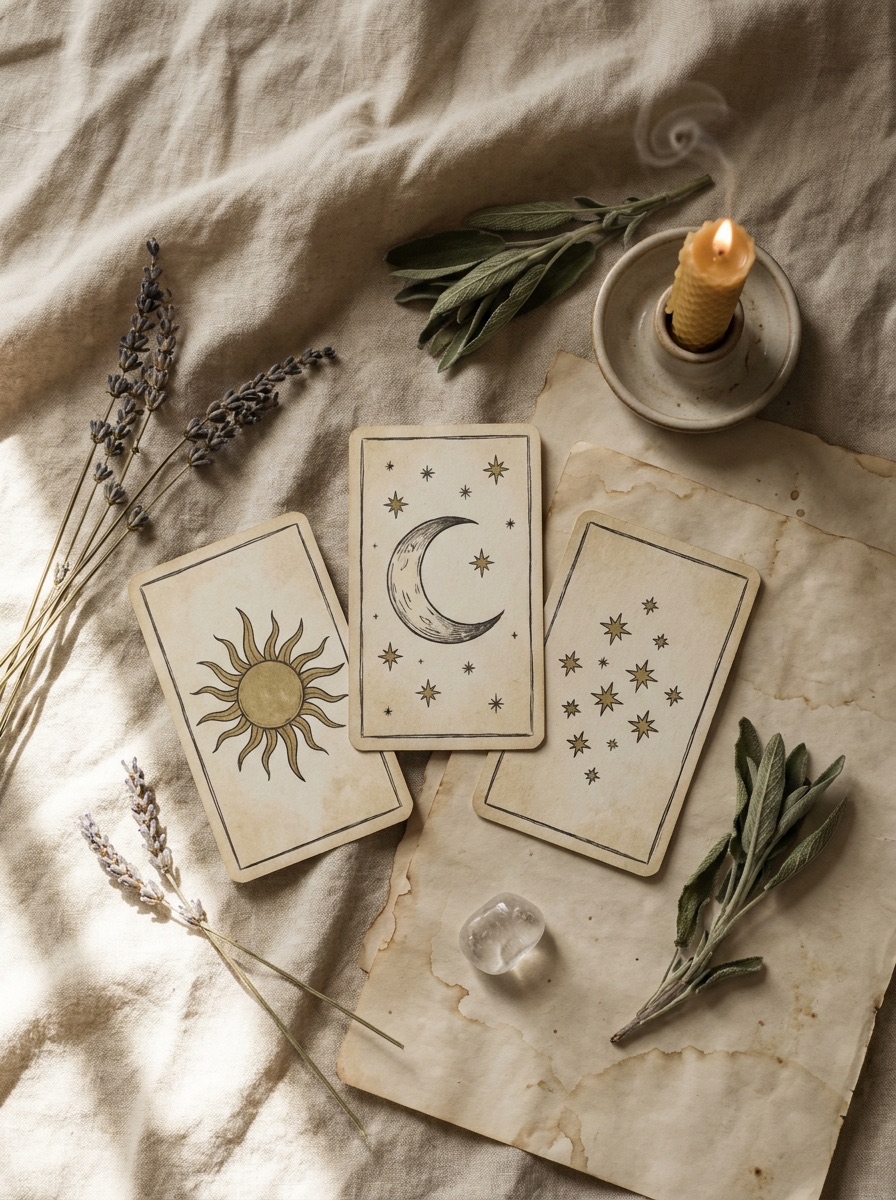 A three-card tarot spread of original sun, moon, and star illustrations laid on parchment, with dried lavender, sage, and a lit candle.