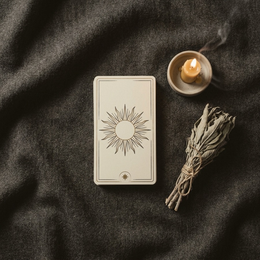 A single illustrated tarot card showing a radiant sun, beside a lit candle and dried sage.