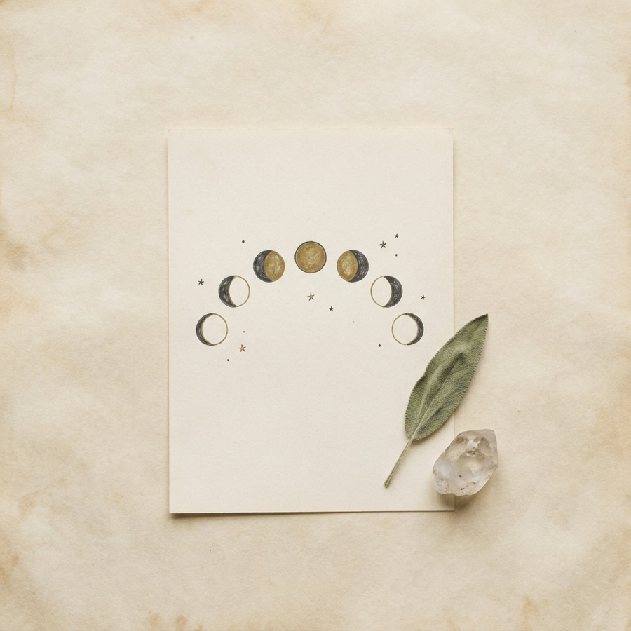 An illustrated chart of the eight phases of the moon arcing across parchment.