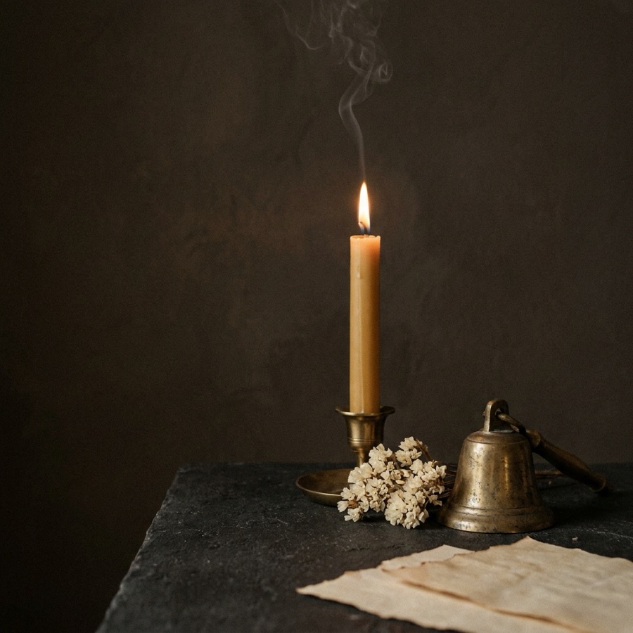 A single lit taper candle with a rising curl of smoke beside an antique brass bell in low light.