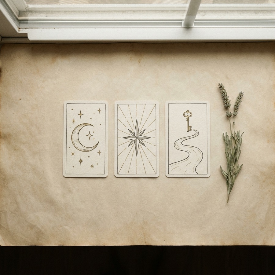 Three illustrated tarot cards — a moon, a star, and a winding path — laid in a row on parchment.